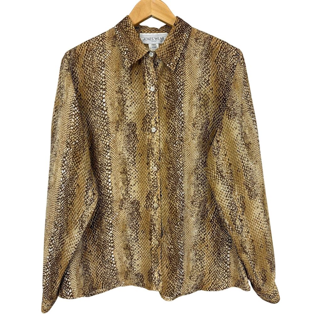 Vintage Y2K Jones Wear Brown & Tan Snakeskin Patterned Button-Up Blouse Size 14
